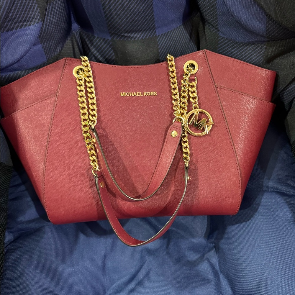 Michael Kors Burgundy Tote with Gold Chain
